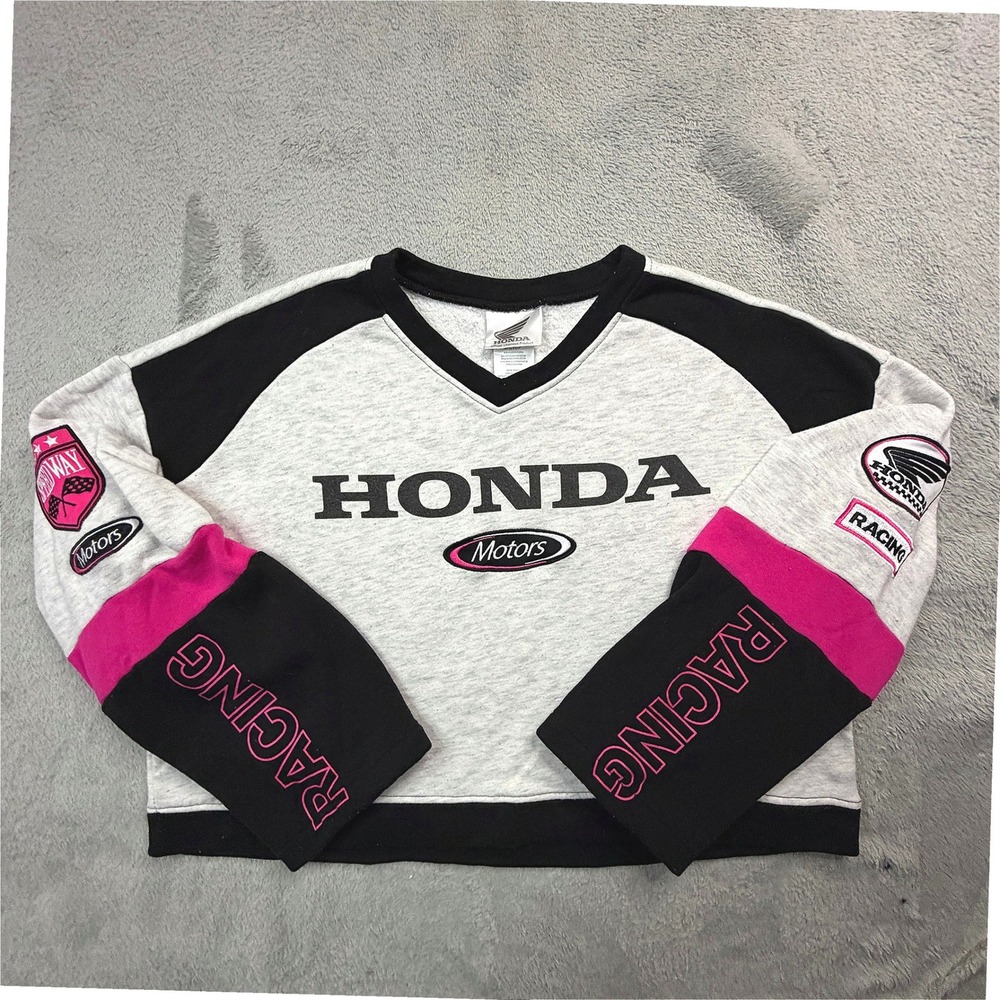 Honda Racing Motors Cropped Sweatshirt Womens Small Grey Pink Motocross V-Neck